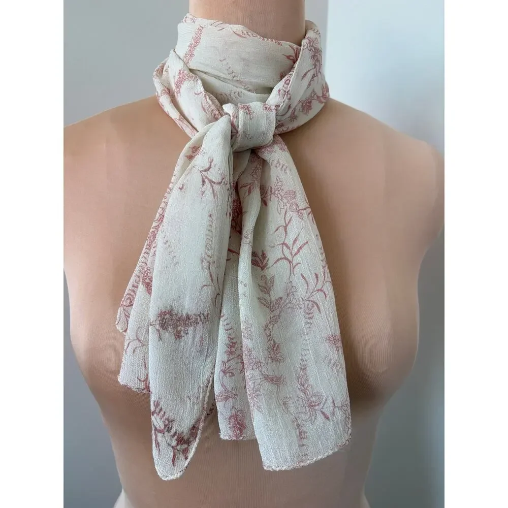 Sheer Cream Long Scarf Blush Pink Floral Botanical Textured Boho Romantic FLAW